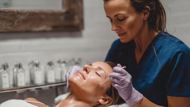 Professional aesthetician carefully performing a non-surgical thread lift procedure on a woman's face in a modern medical spa for skin rejuvenation and anti-aging.