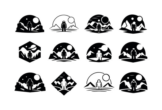 Exploring the surface of a distant exoplanet. Icon set. Set Logo of Exploring the surface of a distant exoplanet: alien planet landscape horizon. harmonious