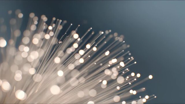 Fiber optic bundle with glowing filaments conveying high speed data transmission and modern communication networking, symbolizing global digital connectivity and broadband infrastructure