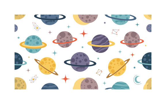 cosmos planets moons seamless pattern, repeating pattern, surface design, textile print, soft color palette, modern illustration, flat vector planets with