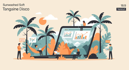 A man stands with a laptop, engaged in a conversation, depicted in a modern illustration style. © tordi