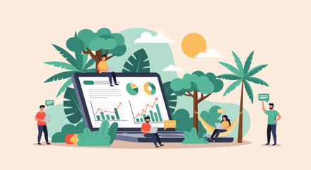 A man in casual clothes stands with a laptop and a speech bubble, conveying a sense of modern communication and technology in a minimalist style. © tordi