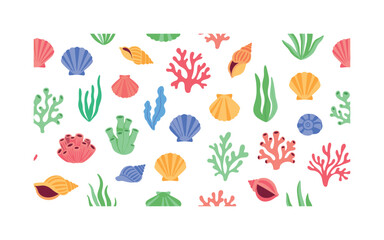 Obraz premium shells and corals seamless pattern, repeating pattern, surface design, textile print, soft color palette, modern illustration, flat vector ocean shells with