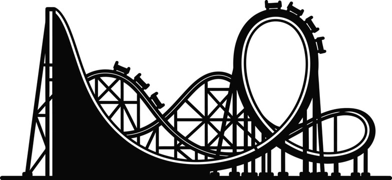 Roller coaster ride with a loop and supports for amusement park, theme park, and fun designs. 