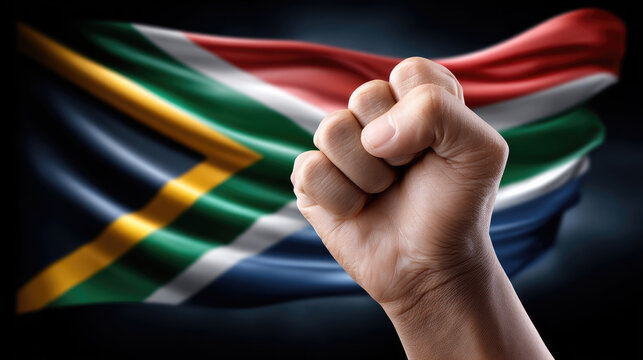 Dark skinned hand raised in a clenched fist before the radiant South African flag, symbolizing Nelson Mandelas legacy, solidarity, and the ongoing fight for freedom and equality. Nelson Mandela Day