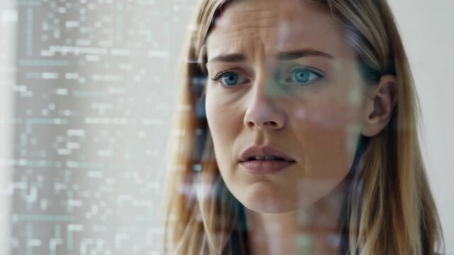A capturing a concerned woman experiencing technical difficulties on a screen with an error message. She looks worried and frustrated with a troubled expression on her face.