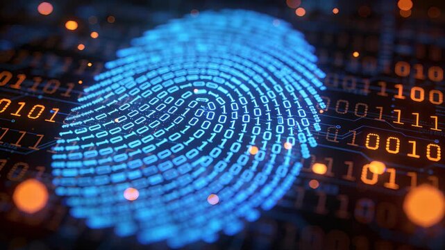A digital fingerprints made of blue dots on a binary background. The focus shifts and changes light, highlighting the patterns and shapes