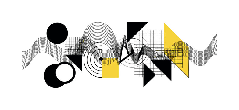 radio signal waves transforming into abstract geometric forms, black and white wave lines morphing into circles, rectangles, and structured grids, limited
