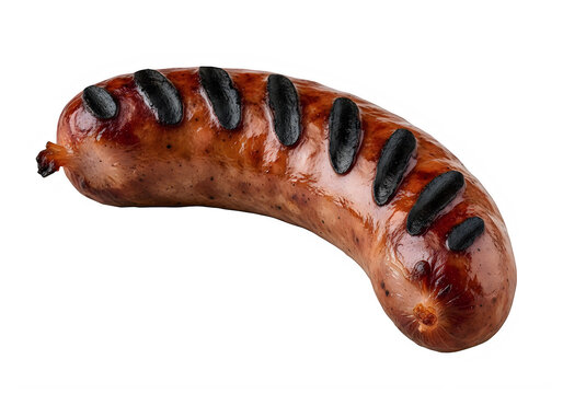 A grilled sausage with dark grill marks on it isolated on transparent background, png
