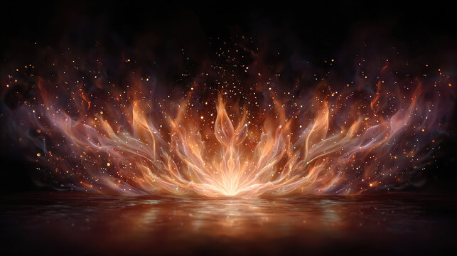 Pentecostal spirit descending as a fiery tree of light, reflecting on calm mystical waters under dark, dramatic clouds, symbolizing divine presence and spiritual power. Pentecost