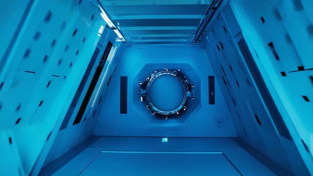 Science fiction spaceship interior featuring a long, narrow corridor bathed in cold blue light, leading to a circular bulkhead door, visualizing advanced technology and future exploration