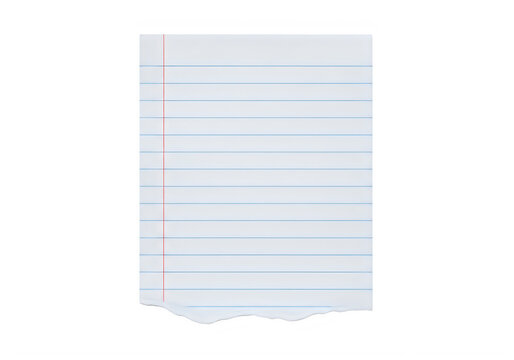 Blank lined notebook paper with blue horizontal lines and a red margin on the left side isolated on transparent background, png