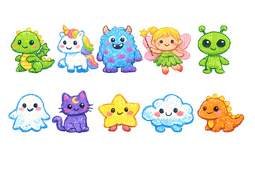 Fototapeta premium Magical Character Collection: A captivating assortment of charming characters, including a playful dragon, a whimsical unicorn, and a friendly monster, evoke joy and wonder.