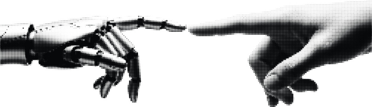 Digital halftone rendering of creation of adam, depicting human hand reaching robot hand on transparent background.