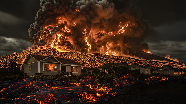 A family house engulfed by lava from a volcanic eruption, ash and dust covering the scene, under a dramatic sky capturing the intensity and chaos of a natural disaster.