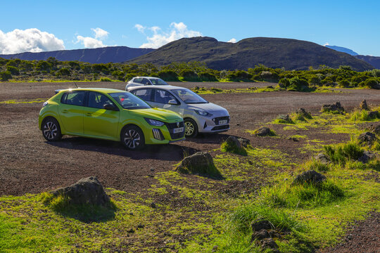 Scenic landscape of Piton de la Fournaise (Peak of the Furnace) parking place, a shield volcano on the eastern side of Reunion island in the Indian Ocean and one of the most active volcanoes in the wo