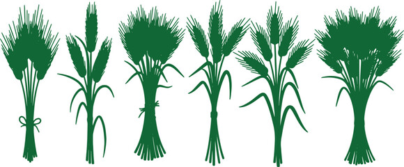 Fototapeta premium Stylized green wheat bundles and various cereal crops silhouette set vector graphic