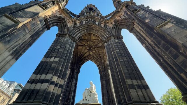 Low angle view of Scott Monument in Princes Street Gardens, Edinburgh, UK