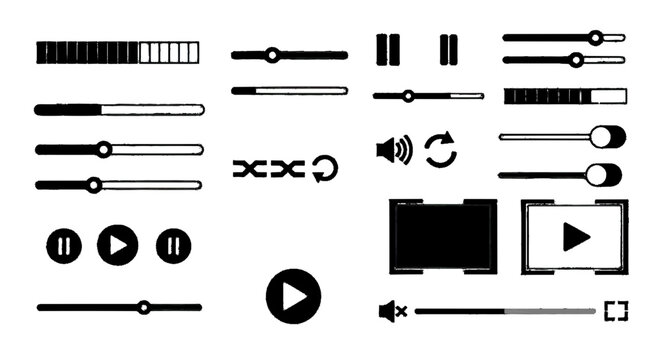 Vector illustration&nbsp;of set of media player interface icons and progress bars on a transparent background