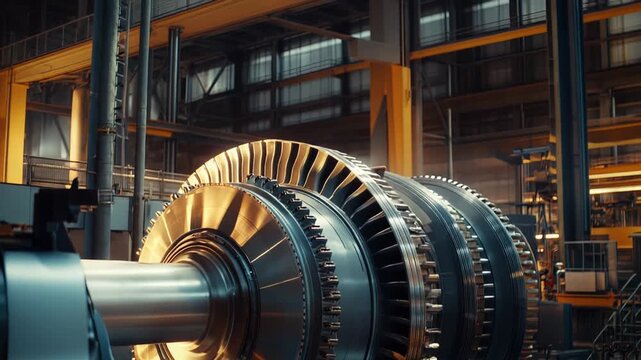 Close up view of a large turbine engine rotor with numerous blades, spinning on a heavy duty lathe while being assembled or undergoing precision machining inside a factory