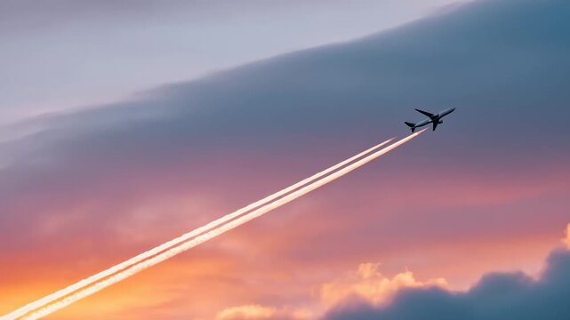 Airplane soaring through vibrant sunset skies leaving contrail streaks