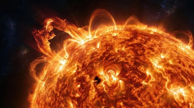Sun's surface showing intense magnetic storm activity, massive solar flare eruption, hot plasma discharge, coronal mass ejection, powerful energy emission, cosmic radiation event.
