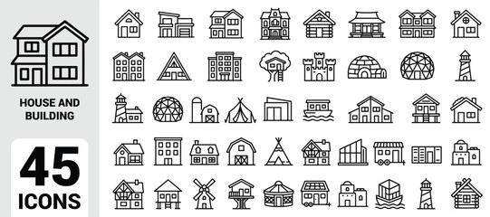 House and building icon set featuring global dwelling types including cabins, barns, igloos, castles, lighthouses, yurts, teepees, domes, apartments, and modern homes © Icon Corner