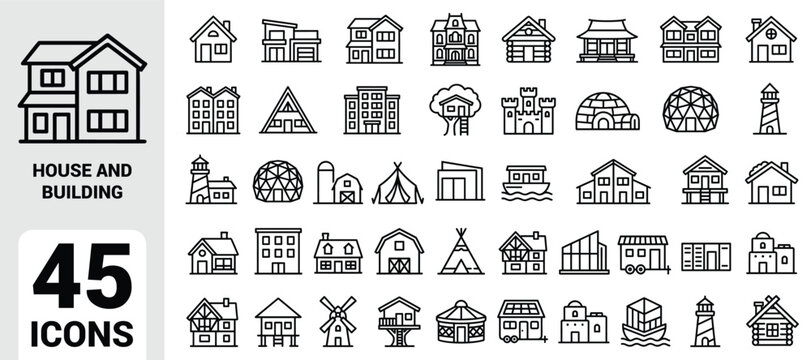 House and building icon set featuring global dwelling types including cabins, barns, igloos, castles, lighthouses, yurts, teepees, domes, apartments, and modern homes