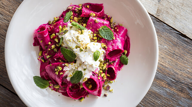 Vibrant Pink Pasta Dish with Creamy Topping, Crushed Nuts, and Fresh Herbs on White Plate, Rustic Wood Background, Top View Ready to Serve