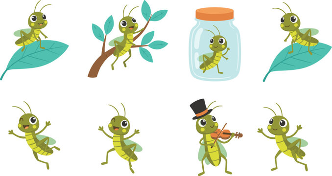 Vector illustration of cartoon grasshoppers in playful poses including jumping, dancing, violin and leaf