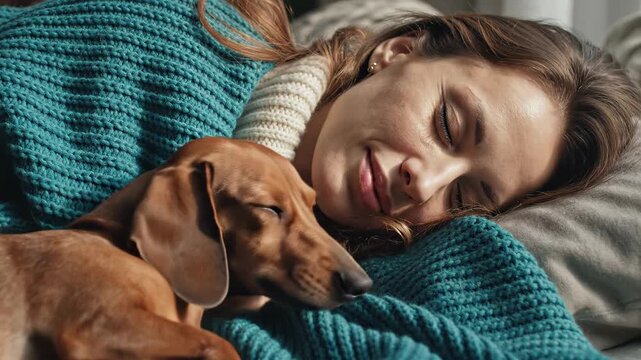 A heartwarming of a woman and her dachshund sleeping peacefully together on a cozy couch, exuding warmth and comfort.