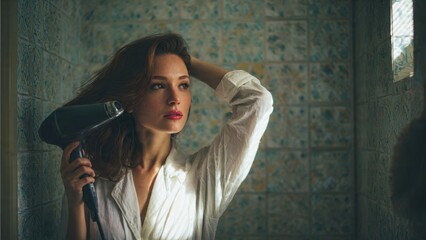 Fototapeta premium Young woman styling her hair with a hairdryer in an intimate bathroom setting. A moment of self-care and beauty routine as she prepares for the day.