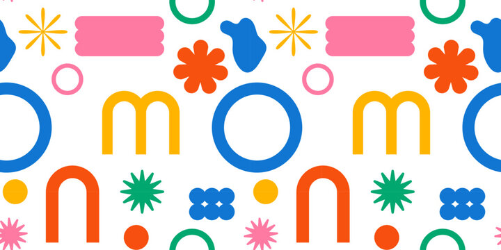 Colorful Memphis seamless pattern with abstract geometric shapes, circles and playful elements. Bright modern background for textile, packaging, wallpaper, kids decor and branding design