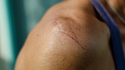 Fototapeta premium Visible Scratches and Abrasions on a Person's Shoulder Highlight Unforeseen Injury or Minor Accident in Broad Daylight with Natural Light