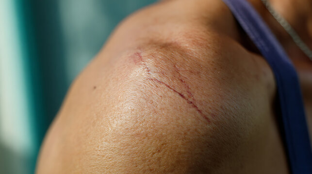 Visible Scratches and Abrasions on a Person's Shoulder Highlight Unforeseen Injury or Minor Accident in Broad Daylight with Natural Light