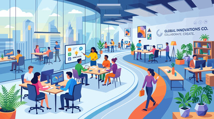 Obraz premium A vibrant, modern open-plan office with diverse employees collaborating and working on computers in a dynamic workspace.