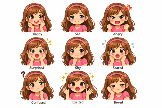 Pretty Cartoon Girl Showing Different Emotions and Facial Expressions Set