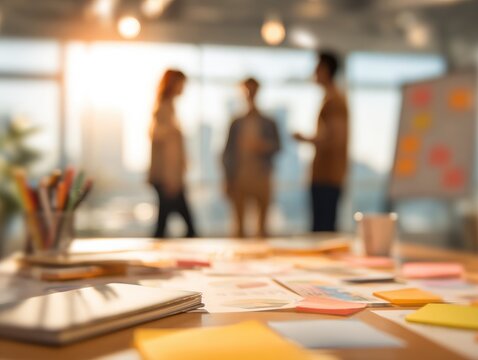 business team innovation workshop on a blured office background with natural sunlight