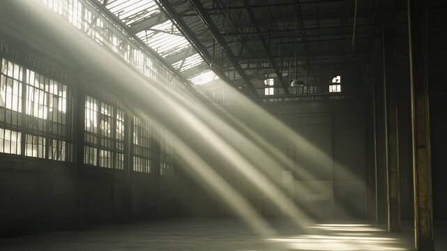 Sunlight beams piercing through the dust filled air of a vast, empty industrial warehouse, creating a dramatic and atmospheric scene of light and shadow