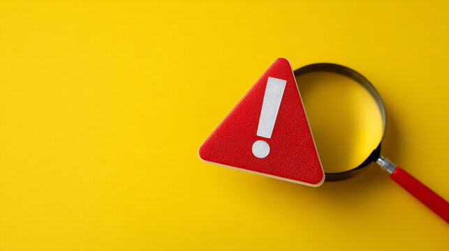 Red Caution Sign and Magnifying Glass on Bright Yellow Background: Concept of Warning, Scrutiny, Error, Attention, Search, Problem, Alert