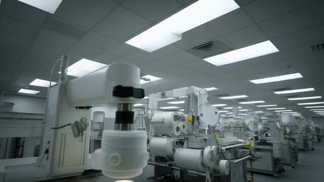 Robotic equipment performing a precise optical inspection of a component on a manufacturing line in a cleanroom environment, highlighting automation and quality control processes
