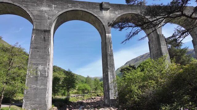 Low angle shot of Glenfinnan Viaduct railway bridge in Scotland, United Kingdom