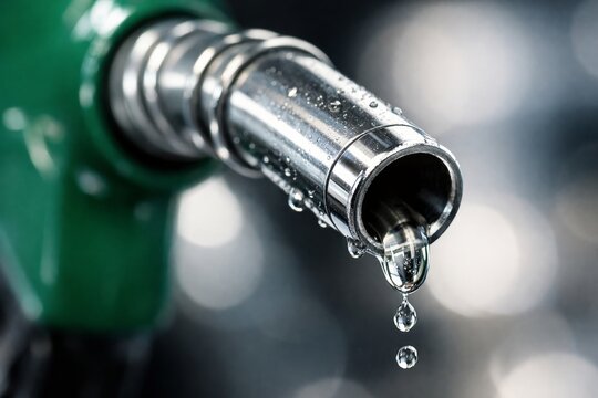 Close-up of fuel dripping from gas pump nozzle with chrome droplets at station
