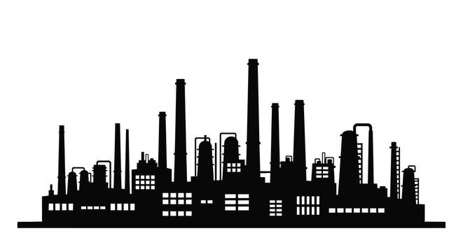 Industrial complex with multiple smokestacks against a white background silhouette