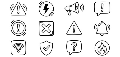 Fototapeta premium Hand drawn doodle icons for alerts, warnings, and notifications isolated on transparent background