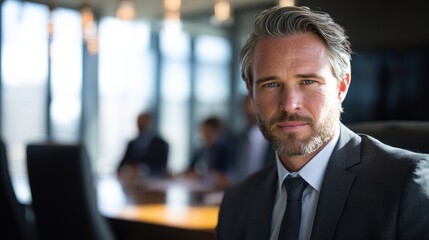Fototapeta premium male professional serious boardroom with blured businessbackground and natural sunlight