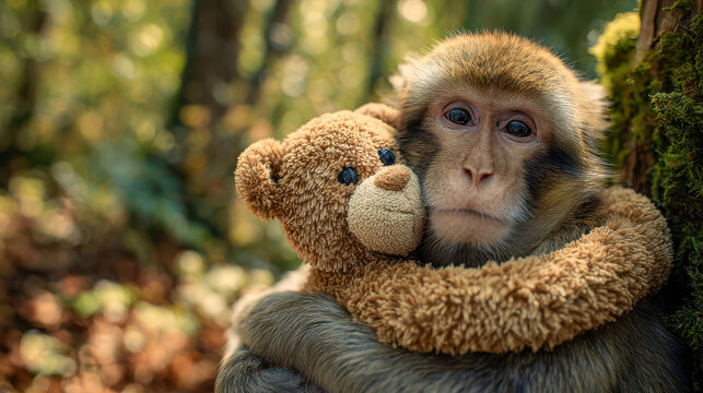 Cute monkey hugs teddy bear in forest setting during daylight hours showing a close bond in nature