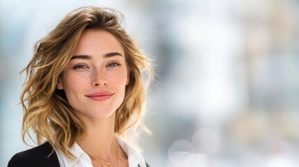 Obraz premium confident woman white background with blured businessbackground and natural sunlight