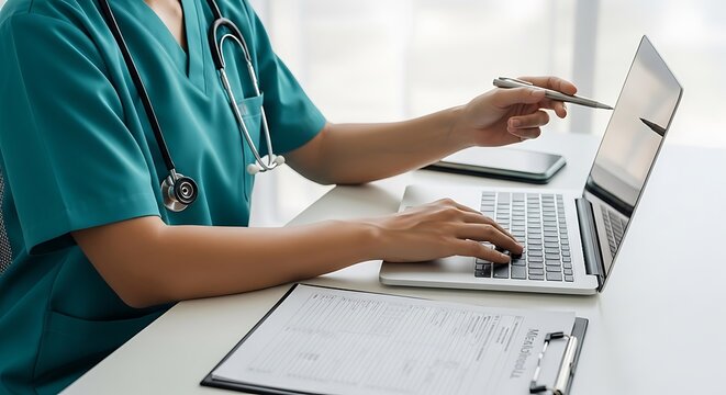 A healthcare professional in scrubs uses a laptop, pointing at the screen