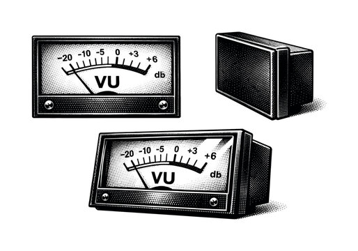 Analog VU meter. A classic rectangular VU audio meter with a curved decibel scale and thin moving needle inside a framed housing, shown as the same meter in